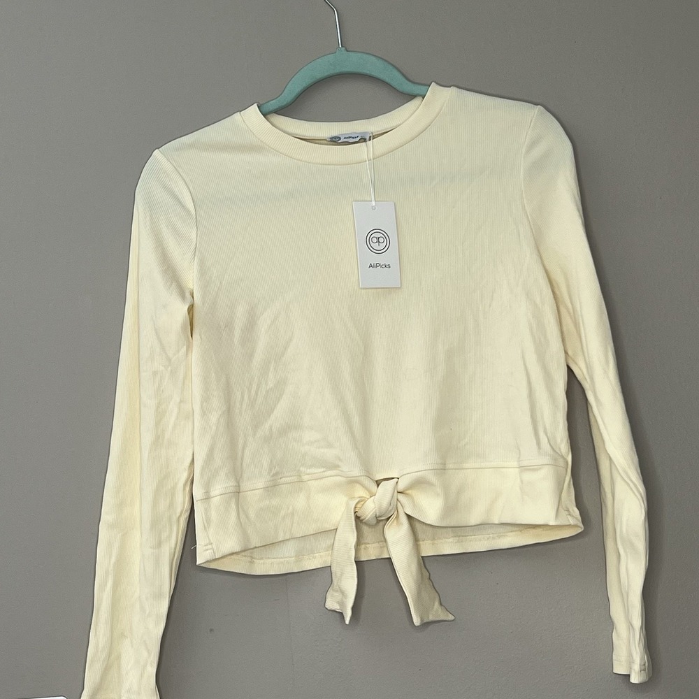 AliPicks Ivory Ribbed Knit Cotton Tie Front Long Sleeve T-Shirt Size L